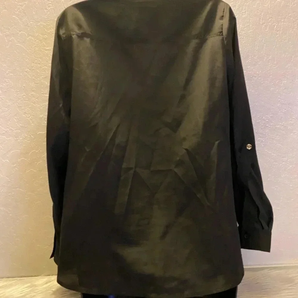 Michael Kors Women's Petite SM Black Utility Blouse Gold Button Long Sleeve Top